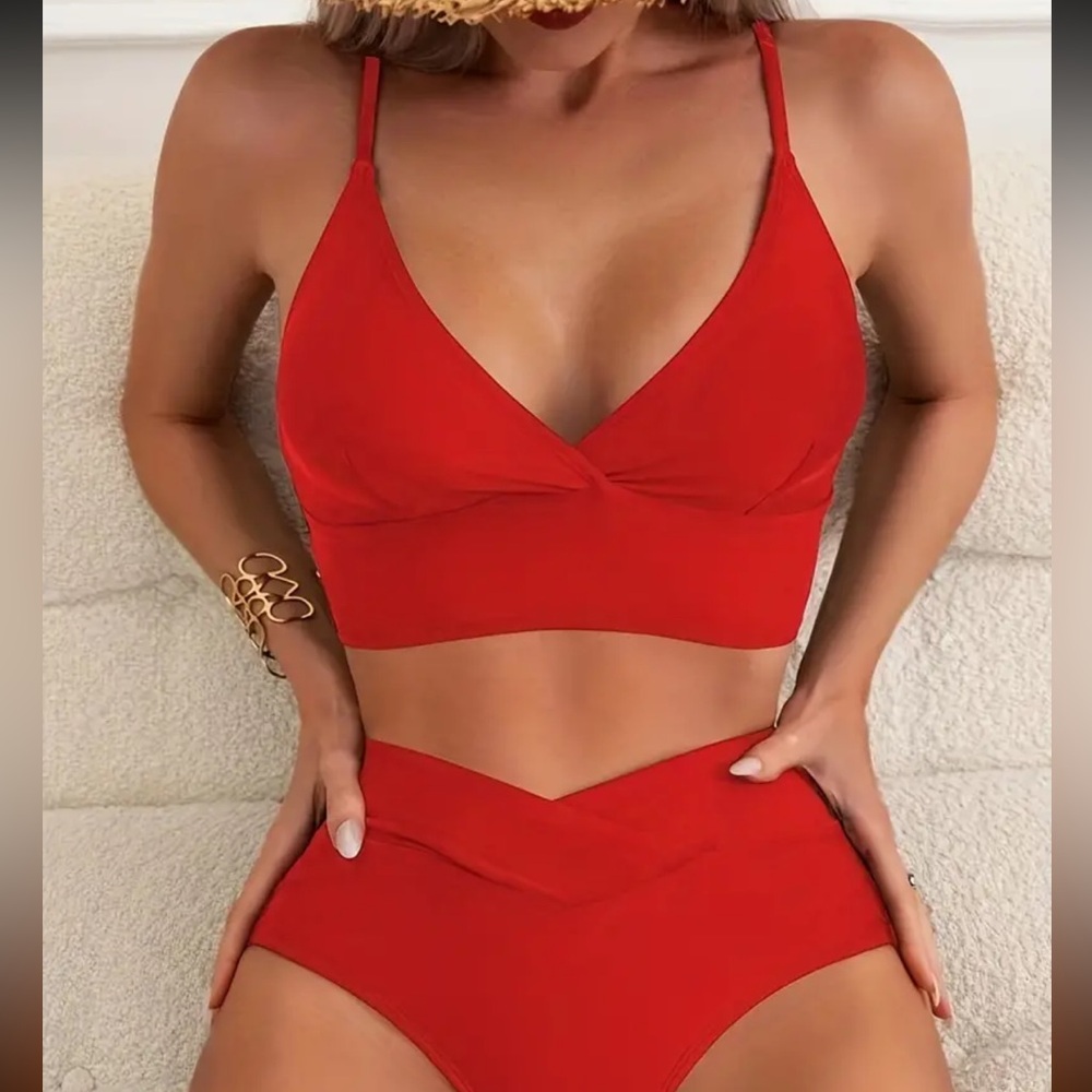 NWT Red Bikini Set high waisted, v-front bottom